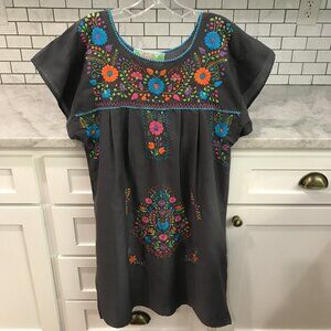 Nativa Mexican Dress Womens Medium Gray Embroidered Floral Boho Puebla